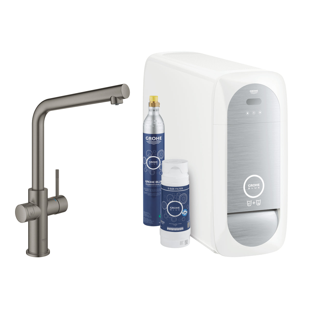GROHE Blue Home Кухненски Смесител L-чучур Филтрирана Газирана Вода Brushed Hard Graphite 31454AL1 - Stonea.BG