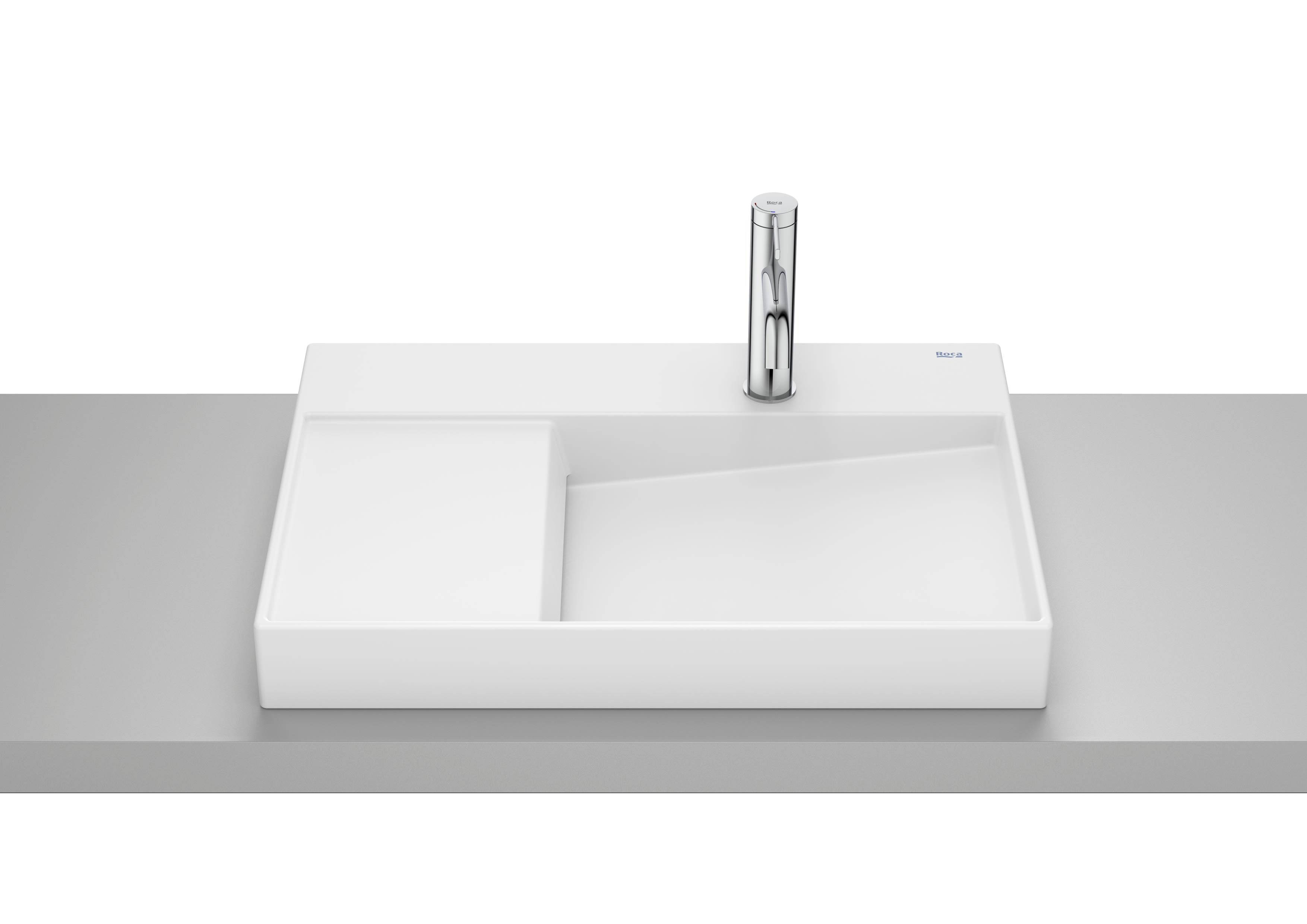 Roca Horizon – Асиметричен десен умивалник върху плот 60×42×8см White бял интегриран плот A32727400B